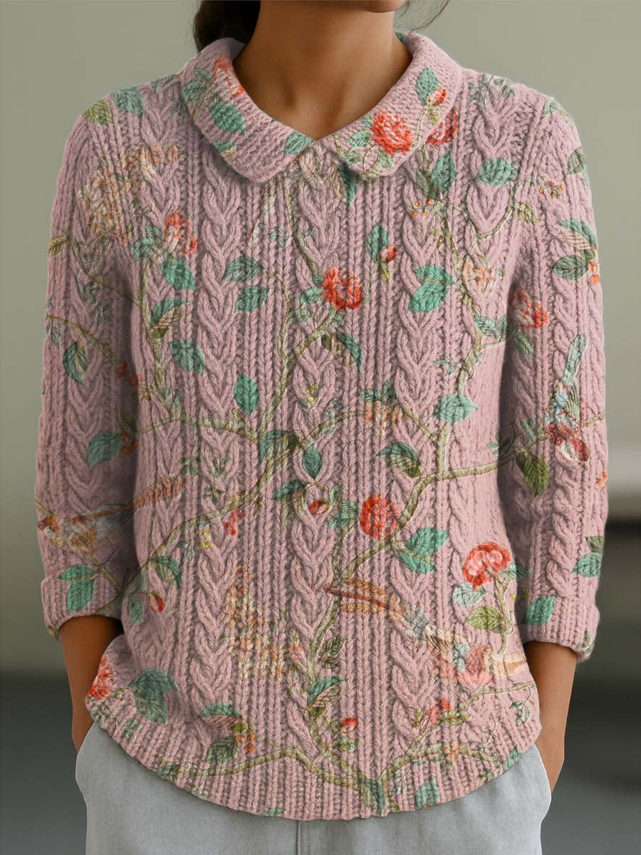 womens-vintage-floral-birds-art-print-casual-peter-pan-collar-3-4-sleeve-sweater