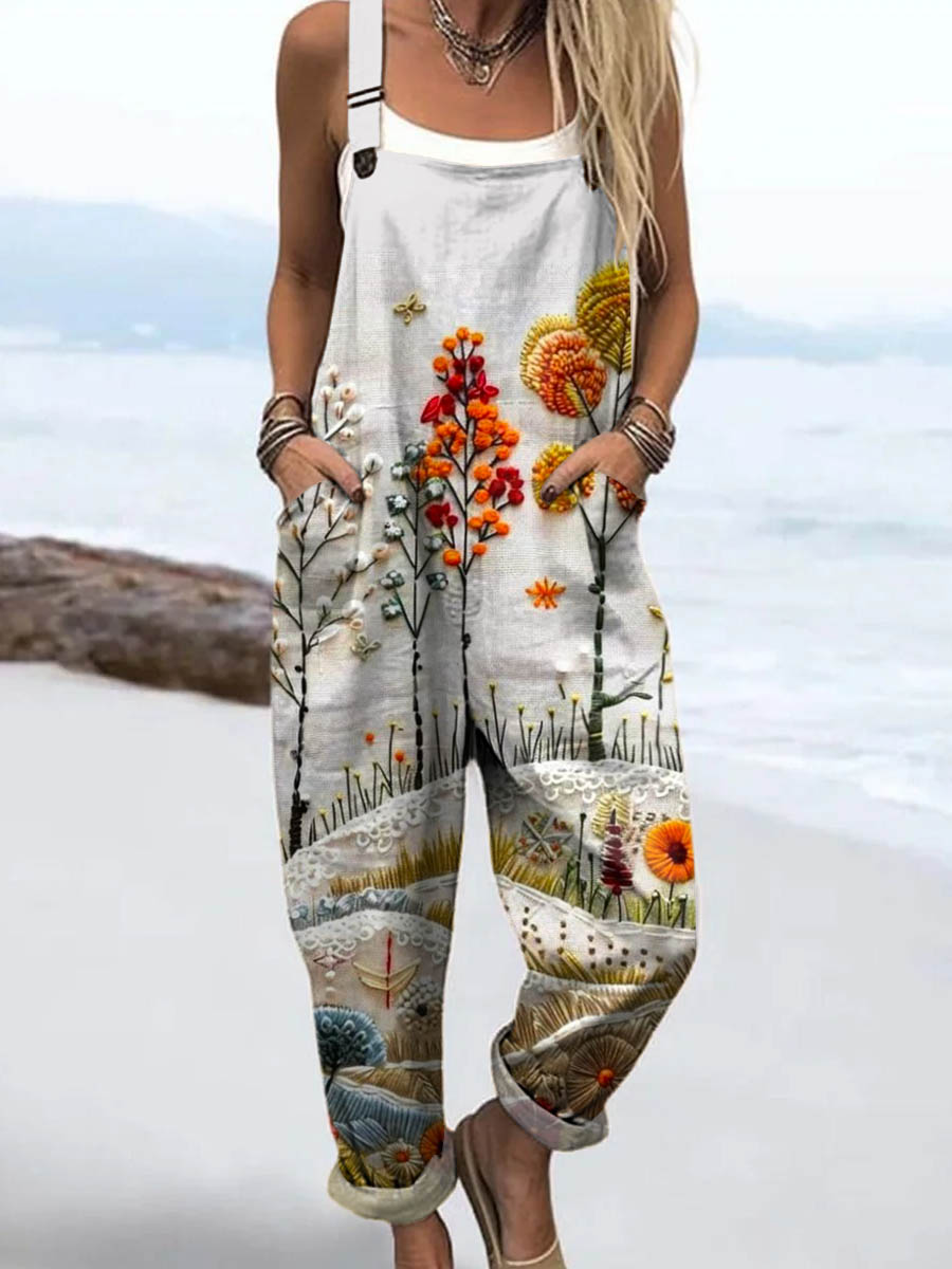 Women's Lovely Floral Art Print Casual 100% Cotton Wide Leg Jumpsuit
