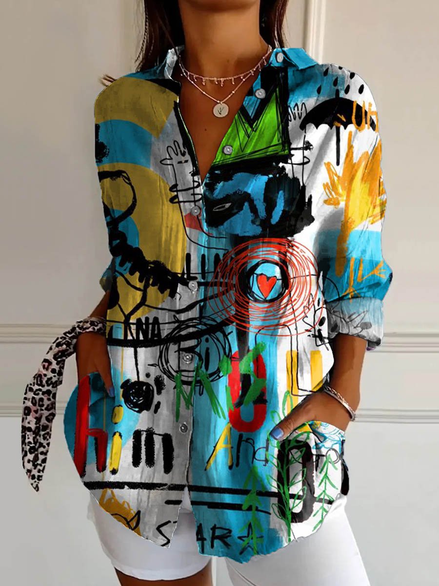 Women's Vintage Abstract Pattern Art Print Casual Cotton Shirt