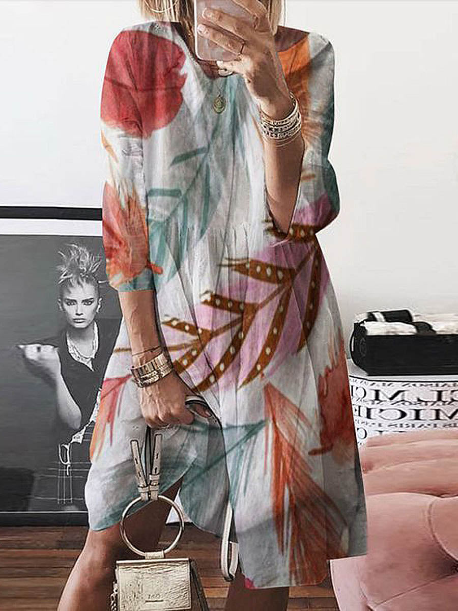 Women's Lovely Leaf Art Print Casual Elegant Cotton And Linen Dress