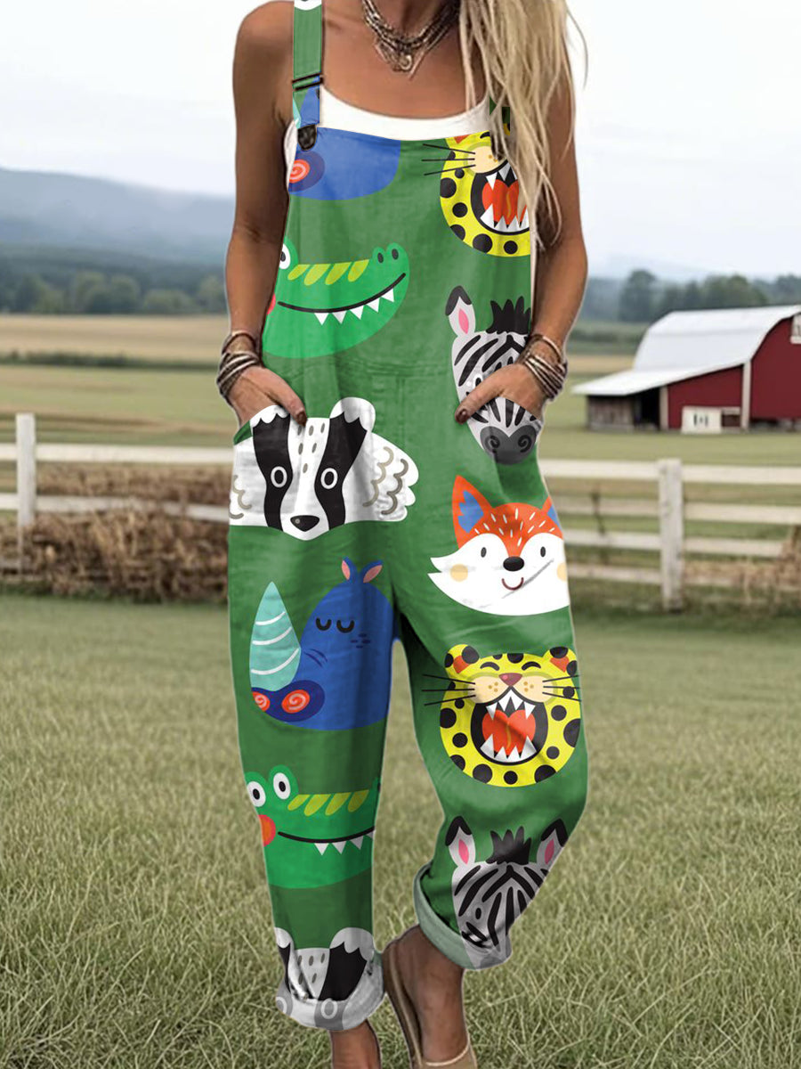 Women's Cute Animal Head Painting Art Print Casual 100% Cotton Wide Leg Jumpsuit