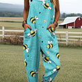Women's Colorful Cute Bee Art Print Casual 100% Cotton Wide Leg Jumpsuit