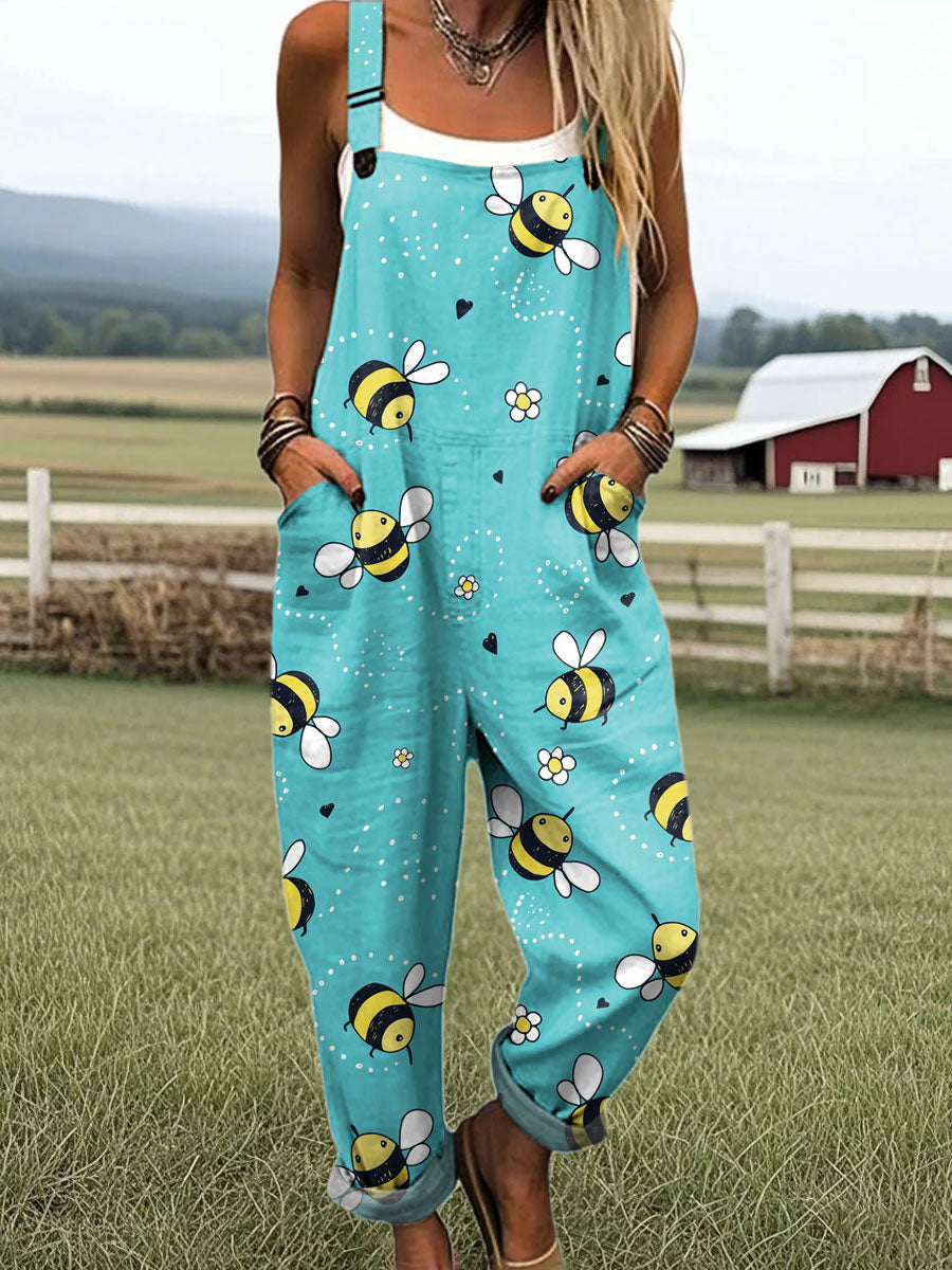 Women's Colorful Cute Bee Art Print Casual 100% Cotton Wide Leg Jumpsuit