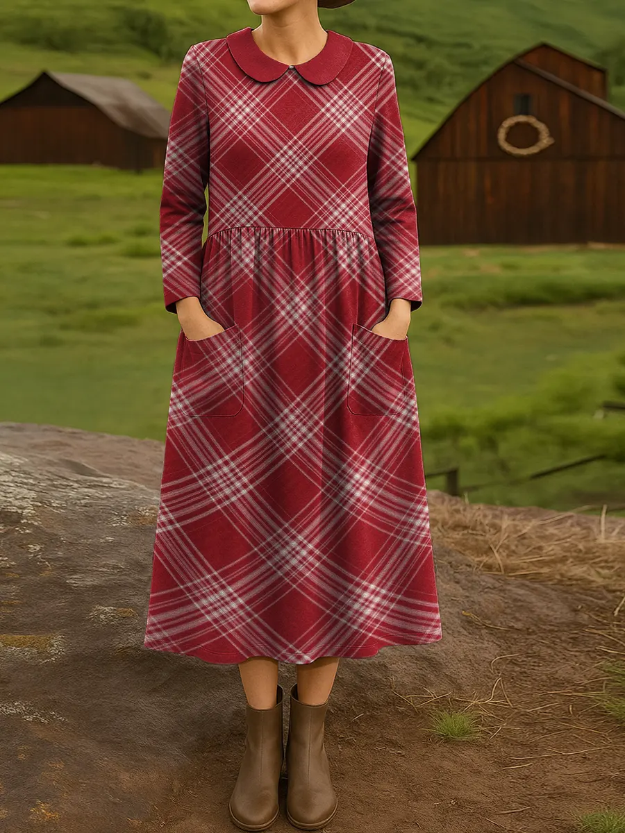 Women's Vintage Red Plaid Print Cotton Lapel Button-Down Shirt Dress