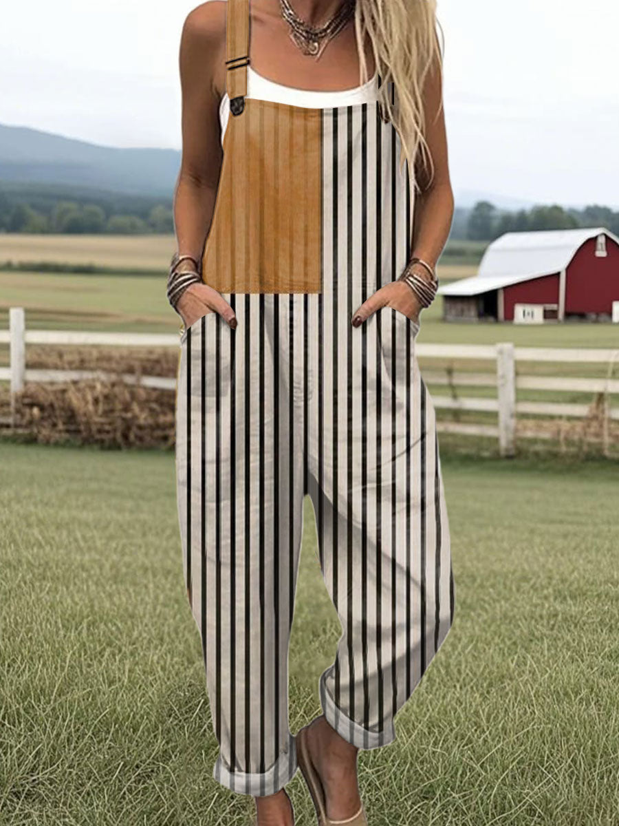 Women's  Vintage Abstract Geometric Art Print Casual 100% Cotton Wide Leg Jumpsuit