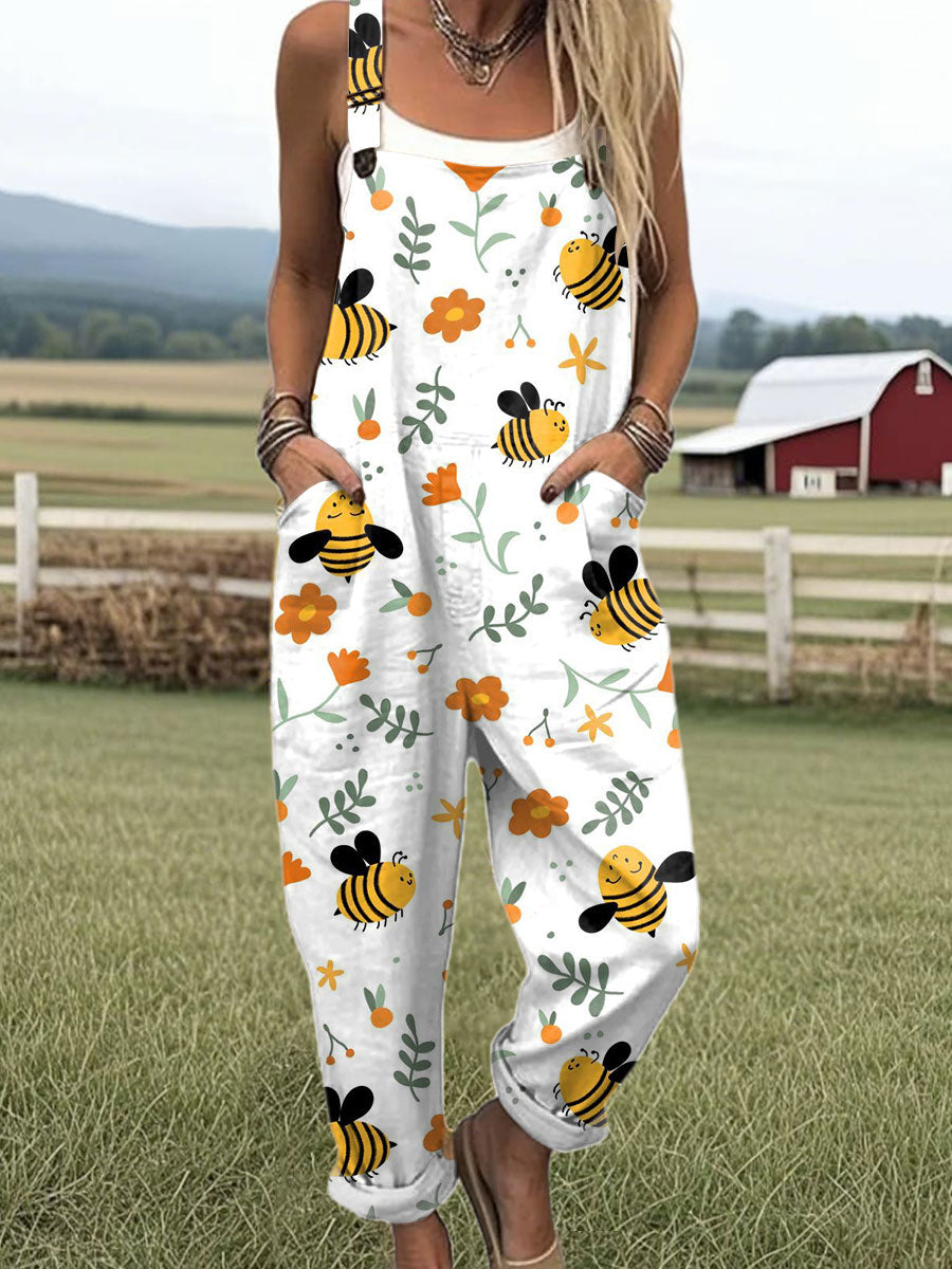 Women's Vintage Flower Bee Art Print Casual 100% Cotton Wide Leg Jumpsuit