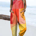 Women's Artistic Colorful Abstract Geometric Print Casual 100% Cotton Wide Leg Jumpsuit
