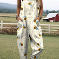 Women's Lovely Bees Floral Art Print Casual 100% Cotton Wide Leg Jumpsuit