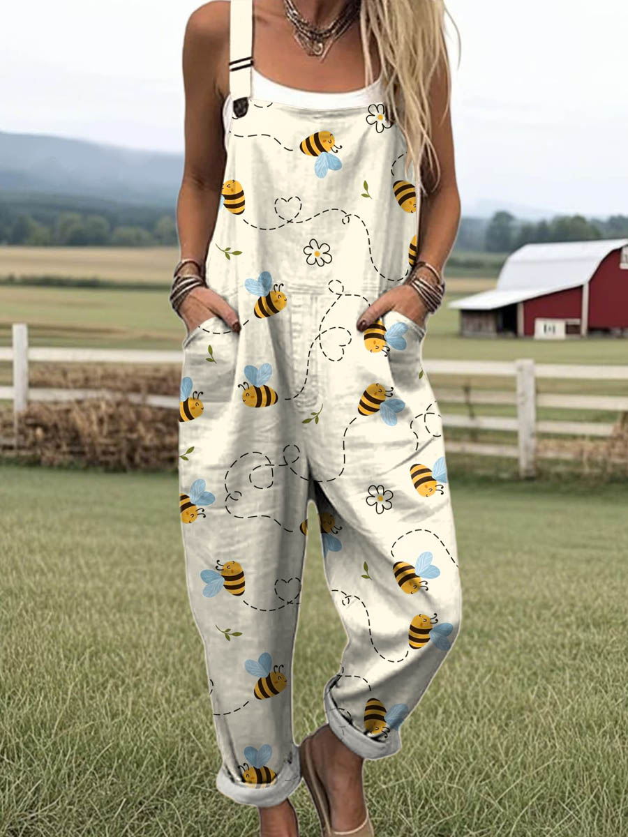 Women's Lovely Bees Floral Art Print Casual 100% Cotton Wide Leg Jumpsuit