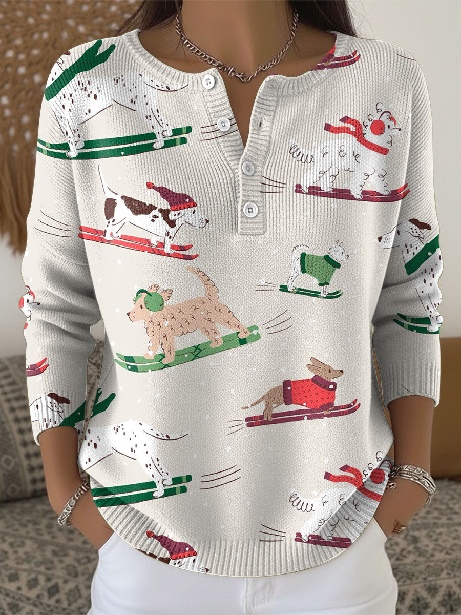 Christmas Animal Dog Skiing Pattern Art Print Buttoned Cardigan Sweater