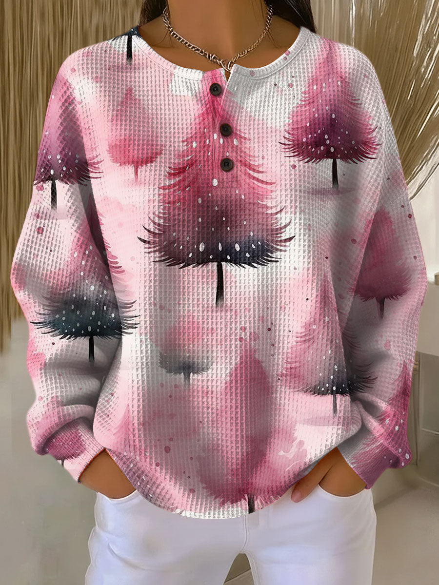 Women's Christmas Tree Pattern Art Print Casual Cotton Shirt