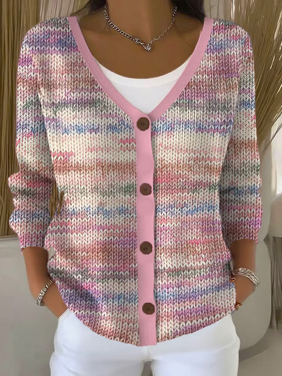 multicolor-stripes-print-buttoned-v-neck-cardigan-sweater