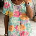 Retro Floral Print & Cutout Webbing Spliced loose-fit Cotton-linen Short-sleeve Shirt