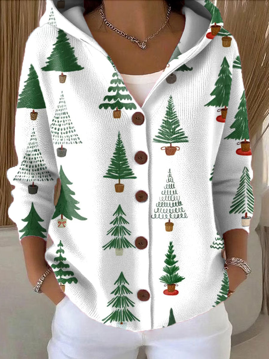 Women's  Christmas Tree Art Printed Casual Hooded Button Sweater