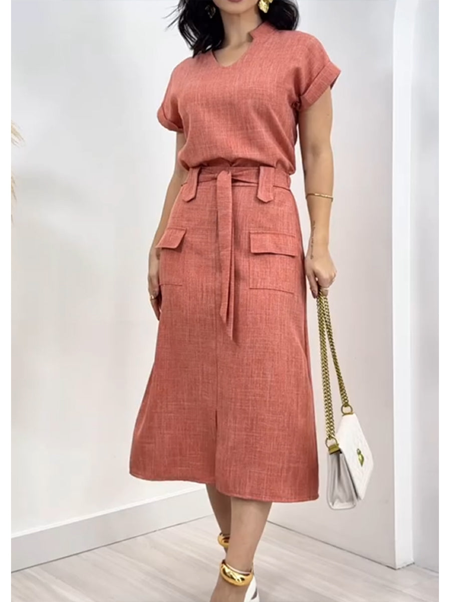 Women's Linen Cotton Short-sleeved Top and Tie Skirt Two-piece Set