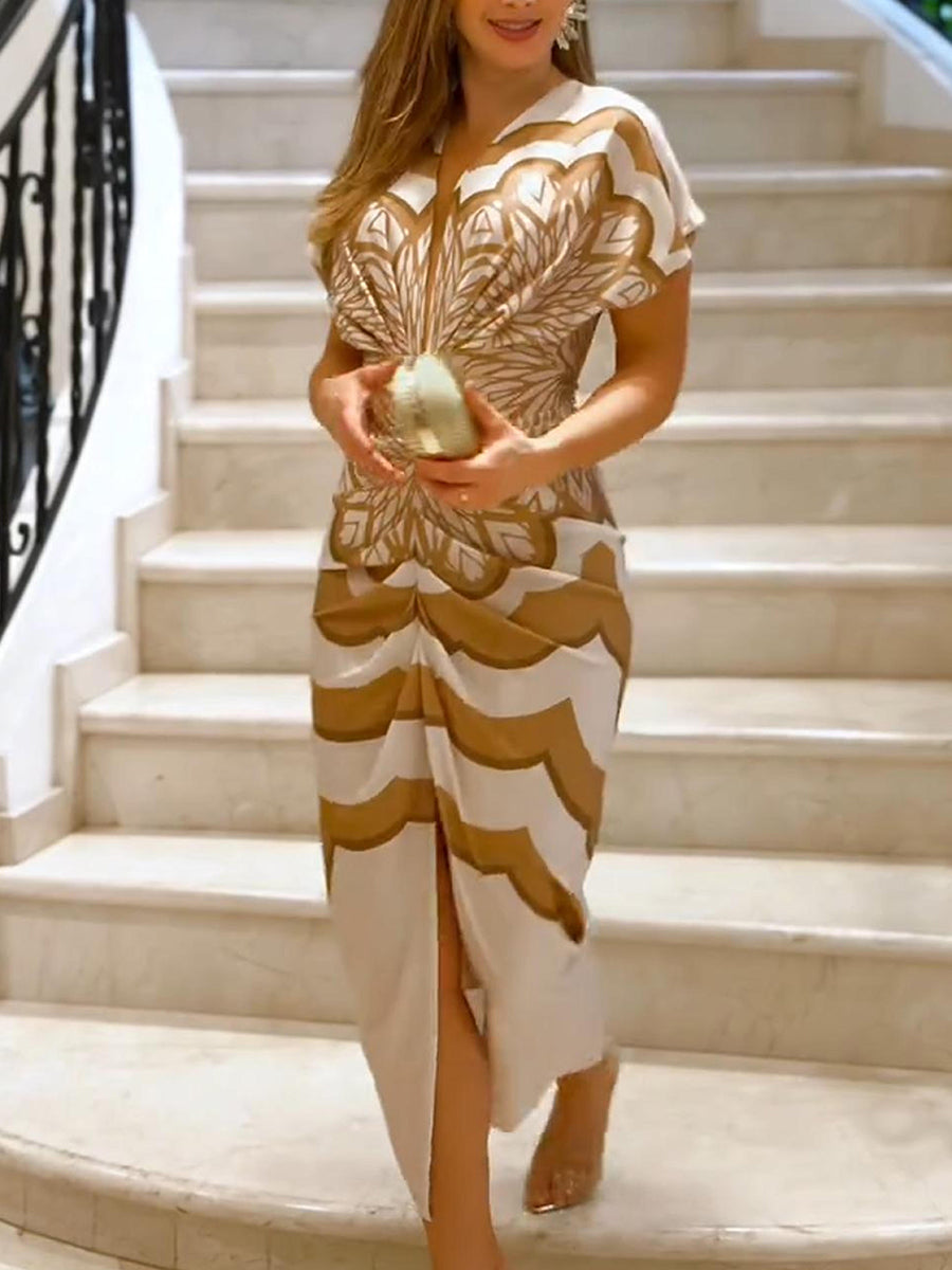 Elegant Floral Print V-neck Midi Dress