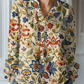 Women's Vintage Flower Art Print Casual Cotton And Linen Ruffle Shirt