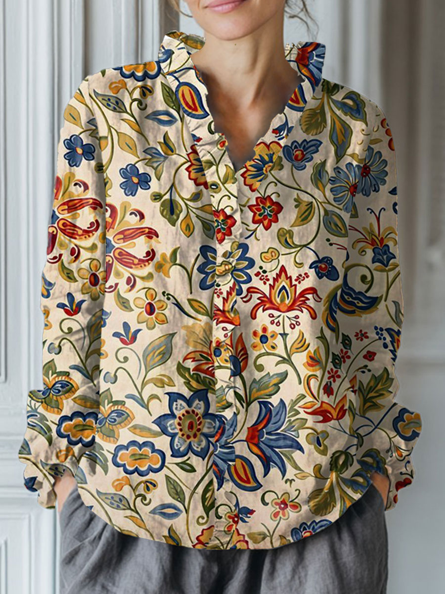 Women's Vintage Flower Art Print Casual Cotton And Linen Ruffle Shirt