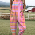 Women's Vintage Abstract Plaid Art Print Casual 100% Cotton Wide Leg Jumpsuit