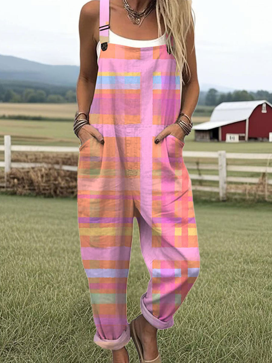 Women's Vintage Abstract Plaid Art Print Casual 100% Cotton Wide Leg Jumpsuit