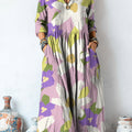 Women's Beautiful Large Flower Painting Art Print Linen Pocket Tunic Dress