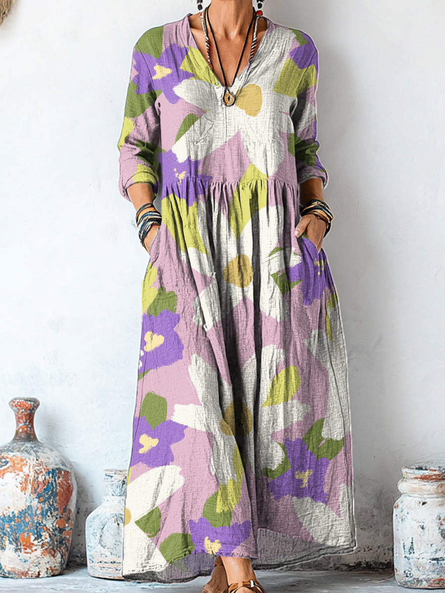 Women's Beautiful Large Flower Painting Art Print Linen Pocket Tunic Dress