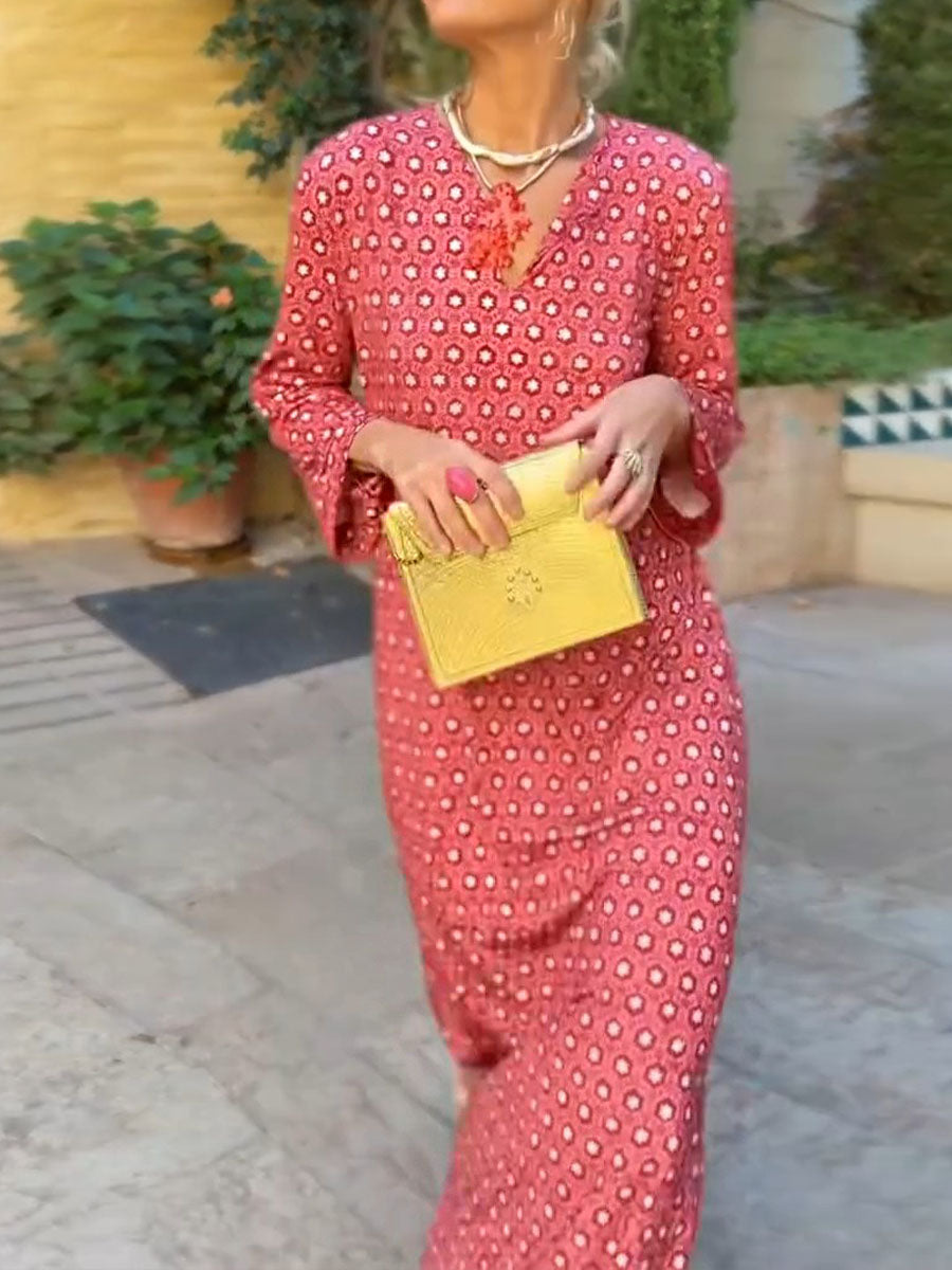 Women's Geometric Print V-Neck Long Sleeve Casual Cotton Dress