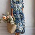 Women's Vintage Flower Art Print Linen Pocket Tunic Dress