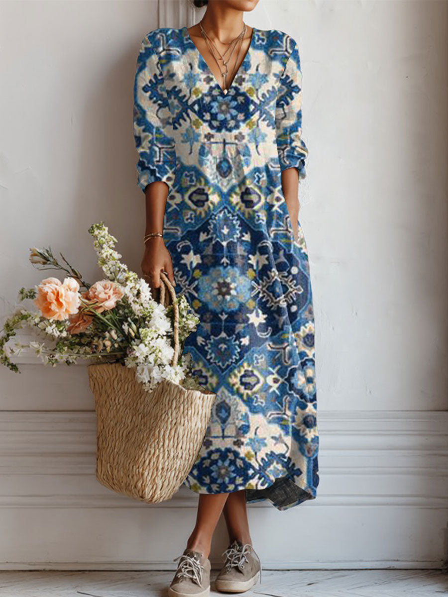 Women's Vintage Flower Art Print Linen Pocket Tunic Dress