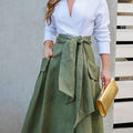 Women's Elegant Tie Pocket Decorated Linen Skirt