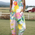 Women's  Vintage Flower Art Print Casual 100% Cotton Wide Leg Jumpsuit