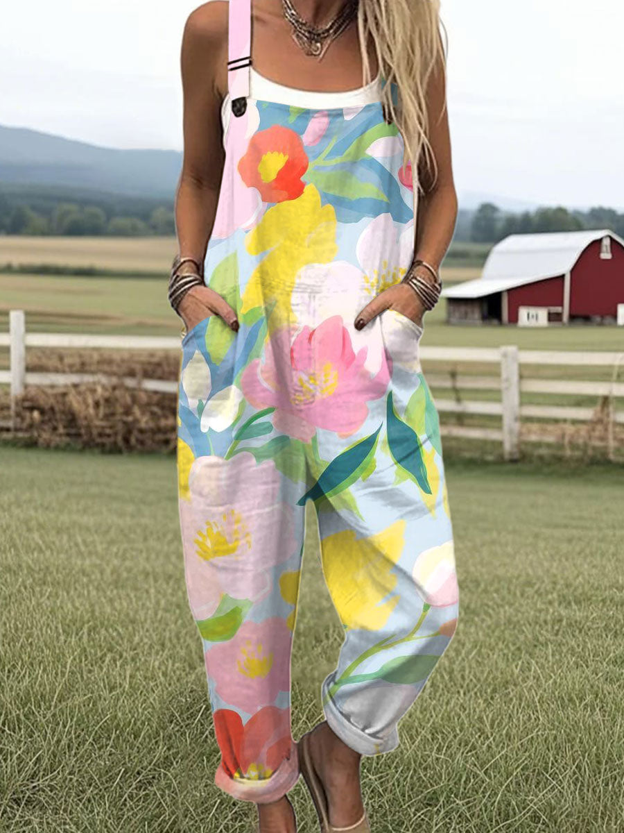 Women's  Vintage Flower Art Print Casual 100% Cotton Wide Leg Jumpsuit