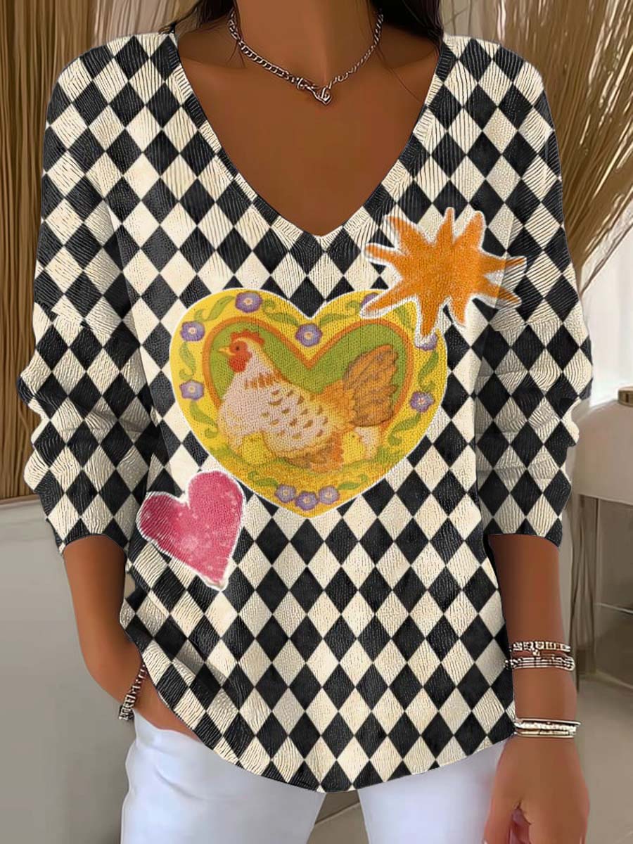 womens-plaid-chicken-print-casual-pullover-sweater