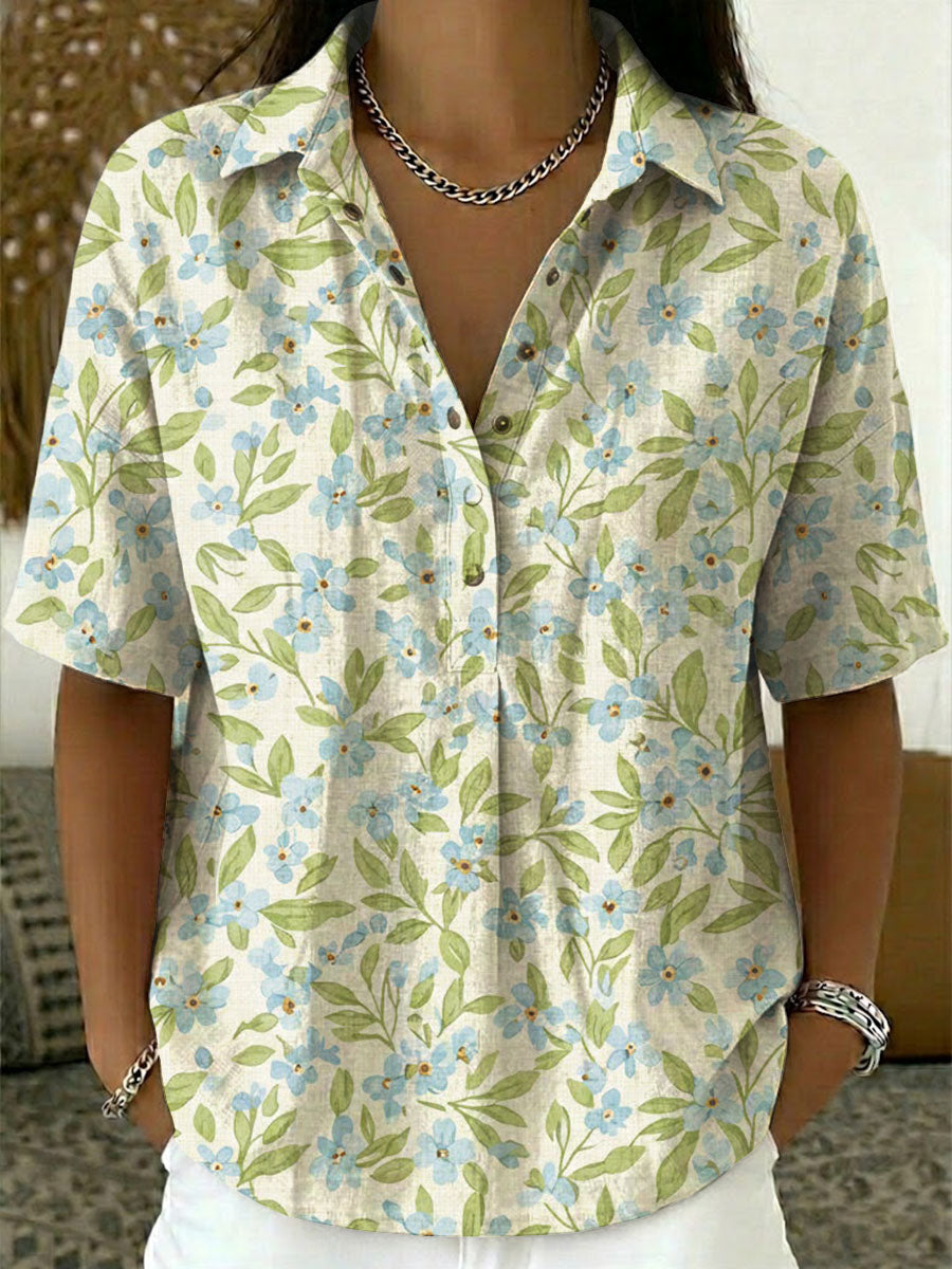 Women's Floral Print Casual Cotton-linen Shirt