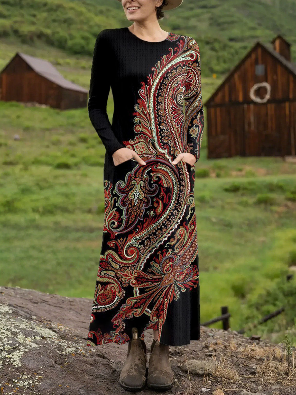 Women's Vintage Flower Art Printed Long-sleeved Casual Dress