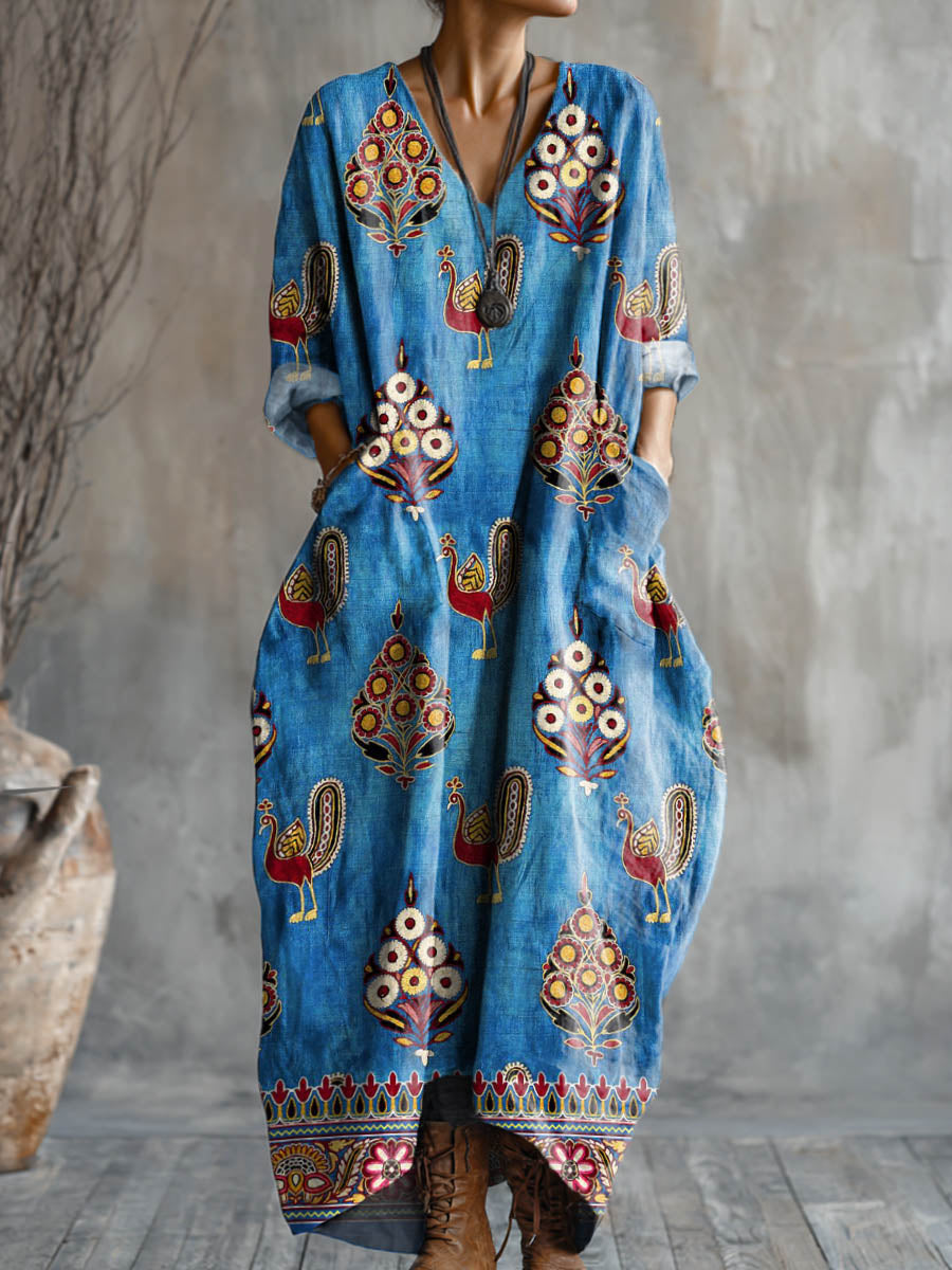 Women's Lovely Birds Art Pattern Print Pocket V-neck Cotton Dress