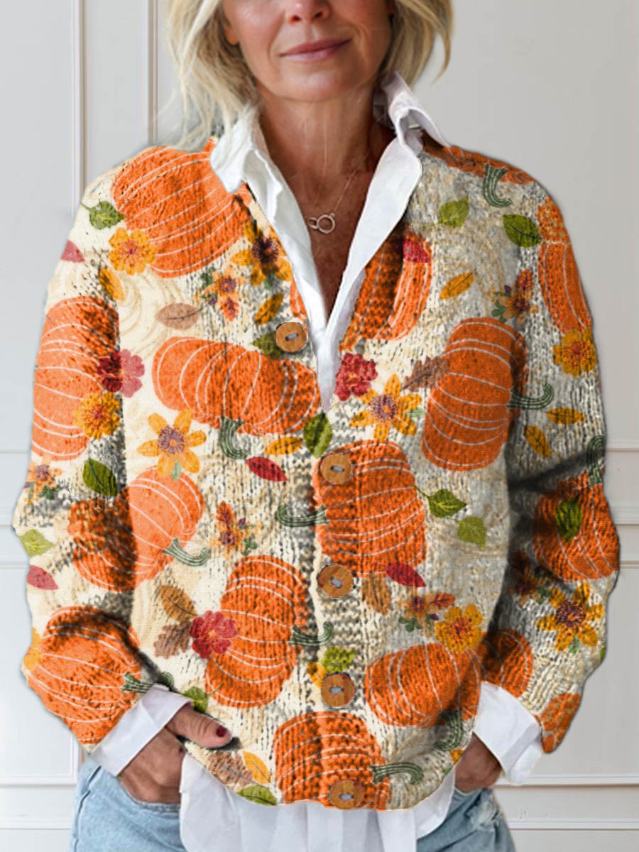 womens-vintage-pumpkin-pattern-art-print-buttoned-cardigan-sweater