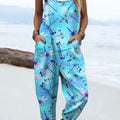 Women's Vintage Dragonfly Art Print Casual 100% Cotton Wide Leg Jumpsuit