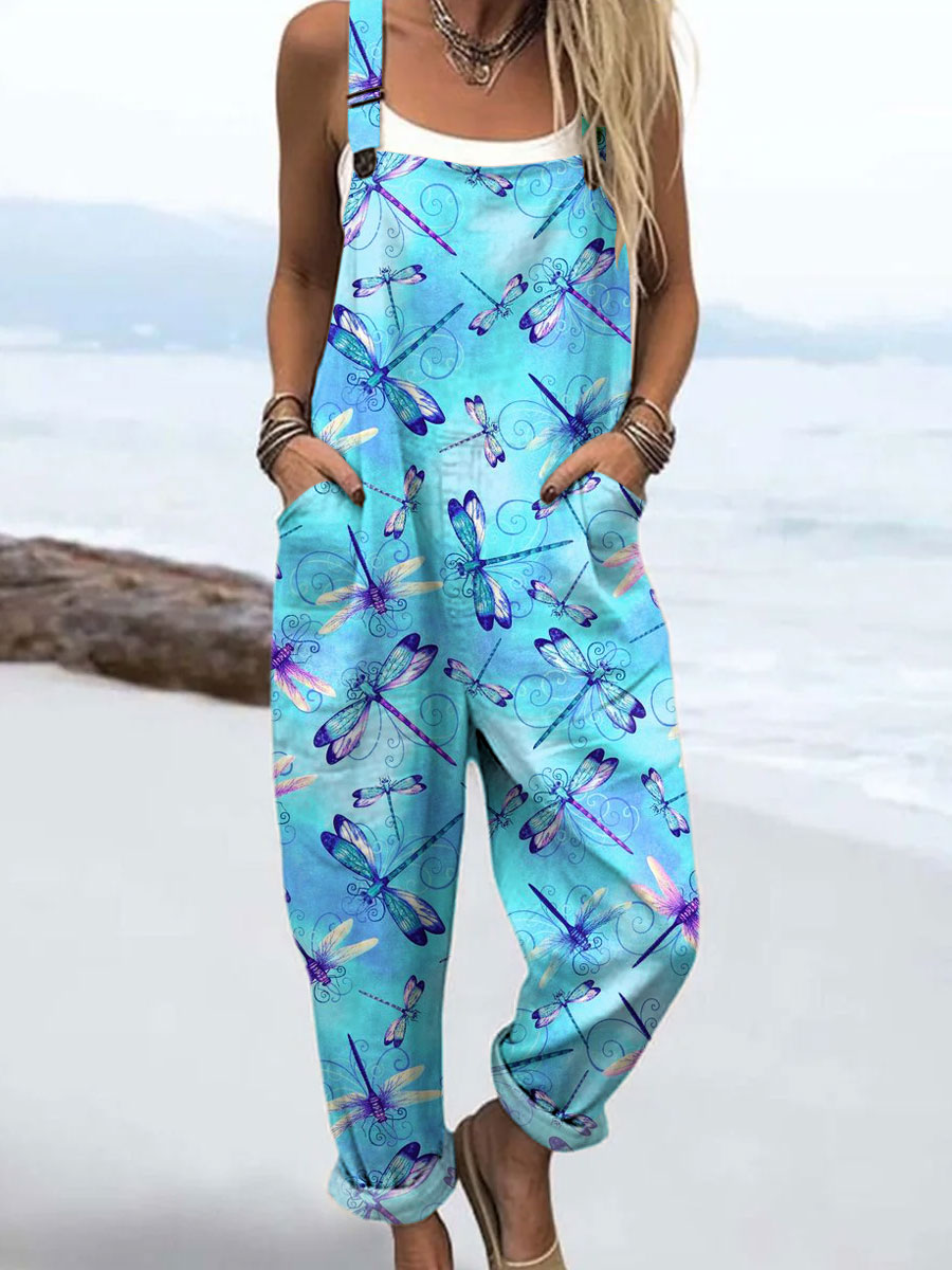Women's Vintage Dragonfly Art Print Casual 100% Cotton Wide Leg Jumpsuit