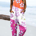 Women's Vintage Abstract Flower Art Print Casual 100% Cotton Wide Leg Jumpsuit