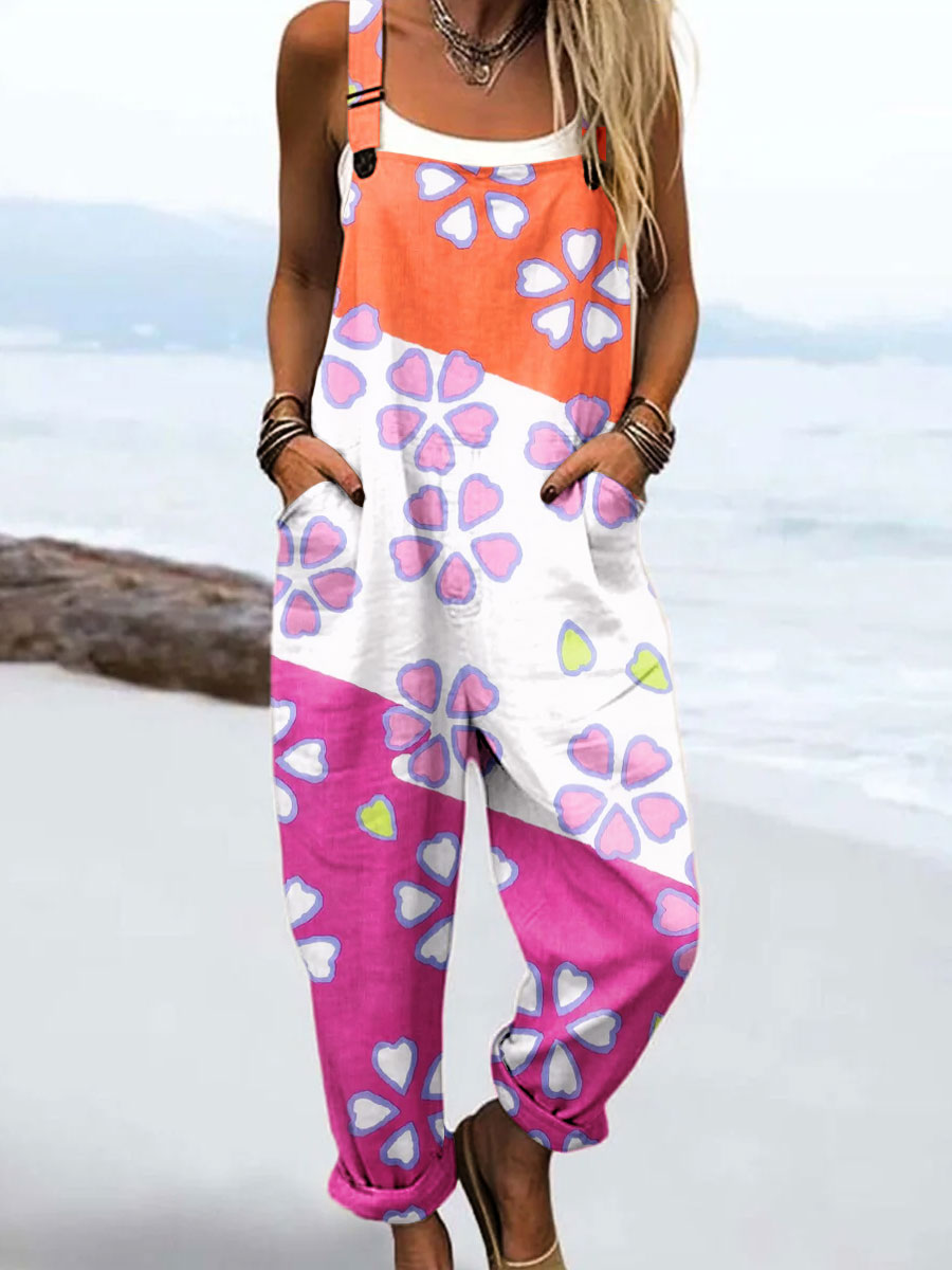 Women's Vintage Abstract Flower Art Print Casual 100% Cotton Wide Leg Jumpsuit