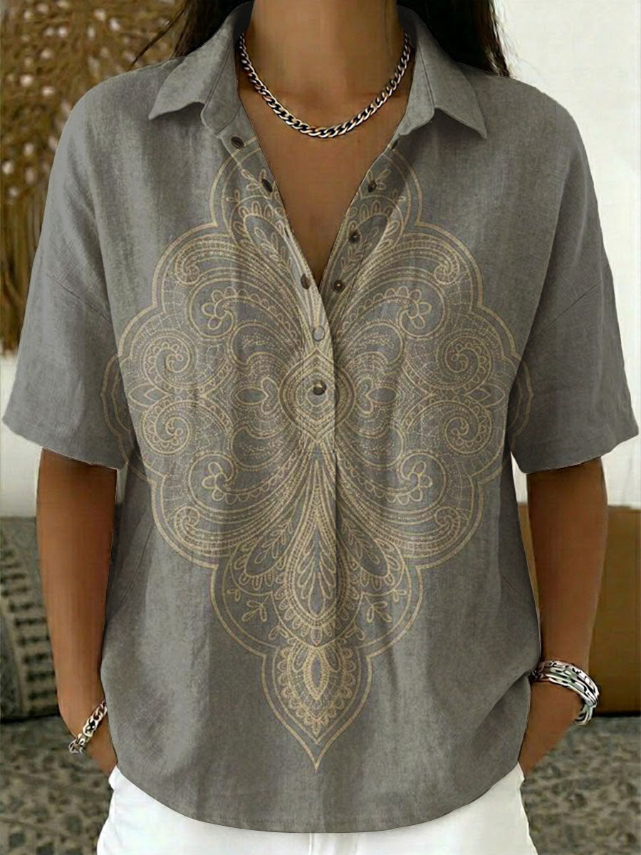 Women's Vintage Patterns Print Casual Cotton-linen Shirt