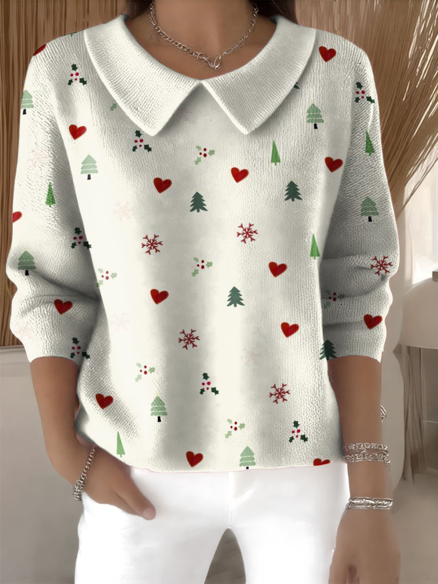 Christmas Heart Decoration Patterns Women's Casual Peter Pan Collar 3/4 Sleeve Sweater