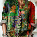 Women's Vintage Abstract Floral Painting Art Print Casual Cotton And Linen Ruffle Shirt
