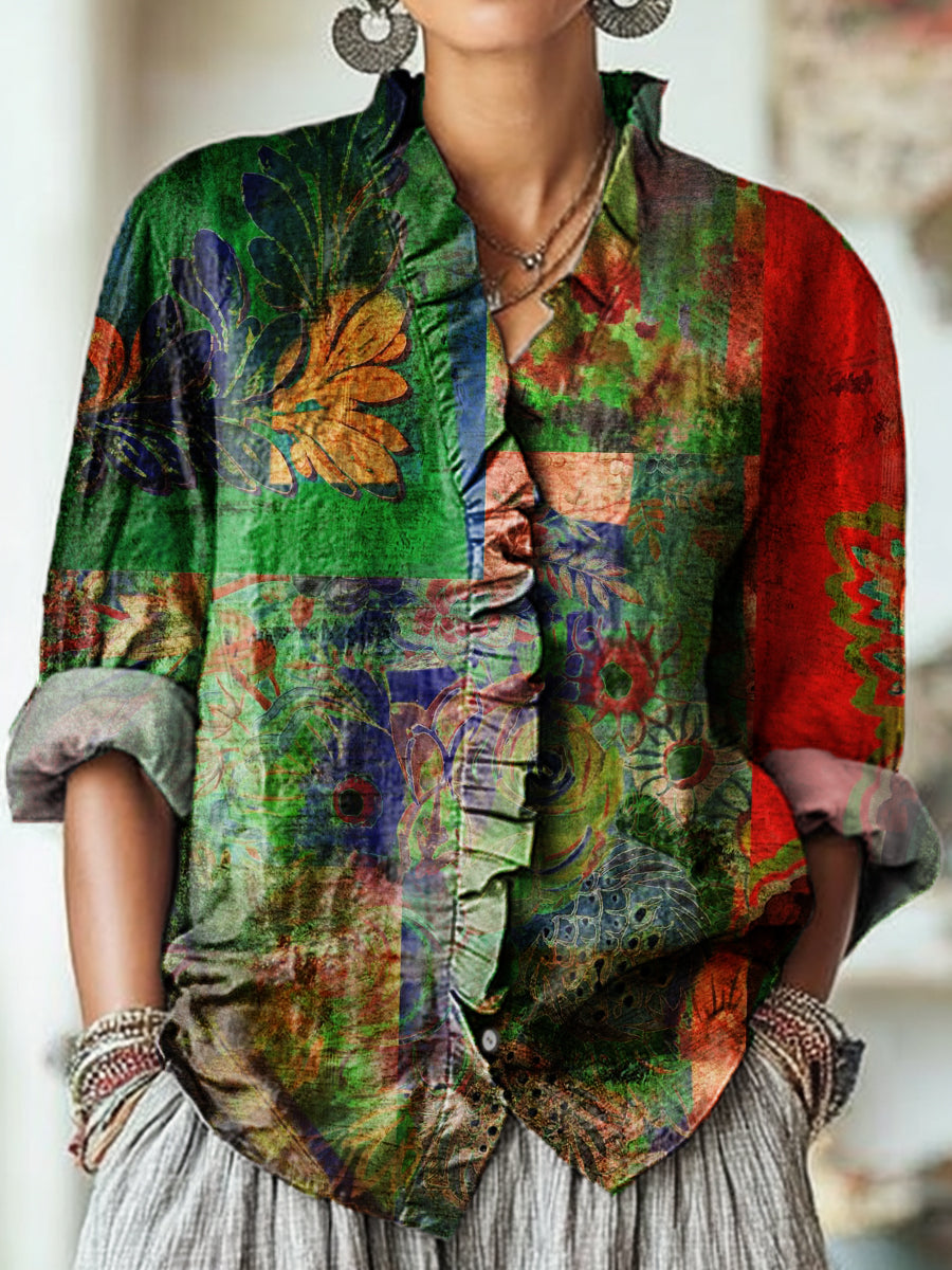 Women's Vintage Abstract Floral Painting Art Print Casual Cotton And Linen Ruffle Shirt