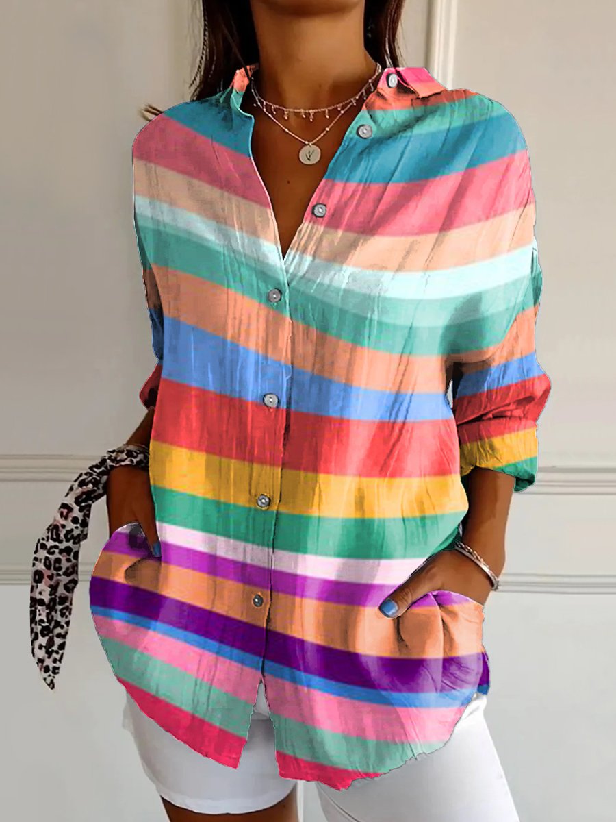 Women's Rainbow line Print Casual Cotton Shirt