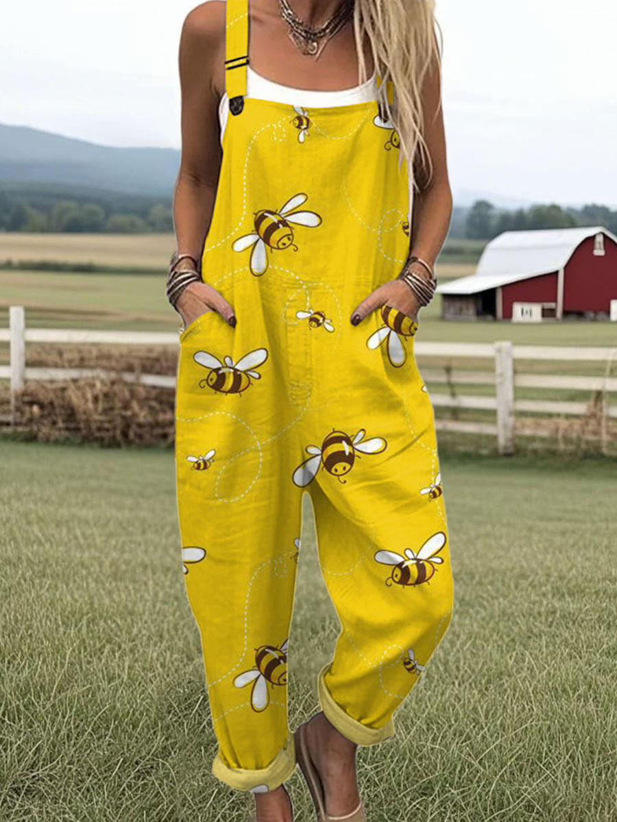 Women's  Funny  Bee Art Print Casual 100% Cotton Wide Leg Jumpsuit