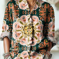 Women's Vintage Ethnic Circular Floral Geometric Painting Art Print Casual Cotton And Linen Ruffle Shirt