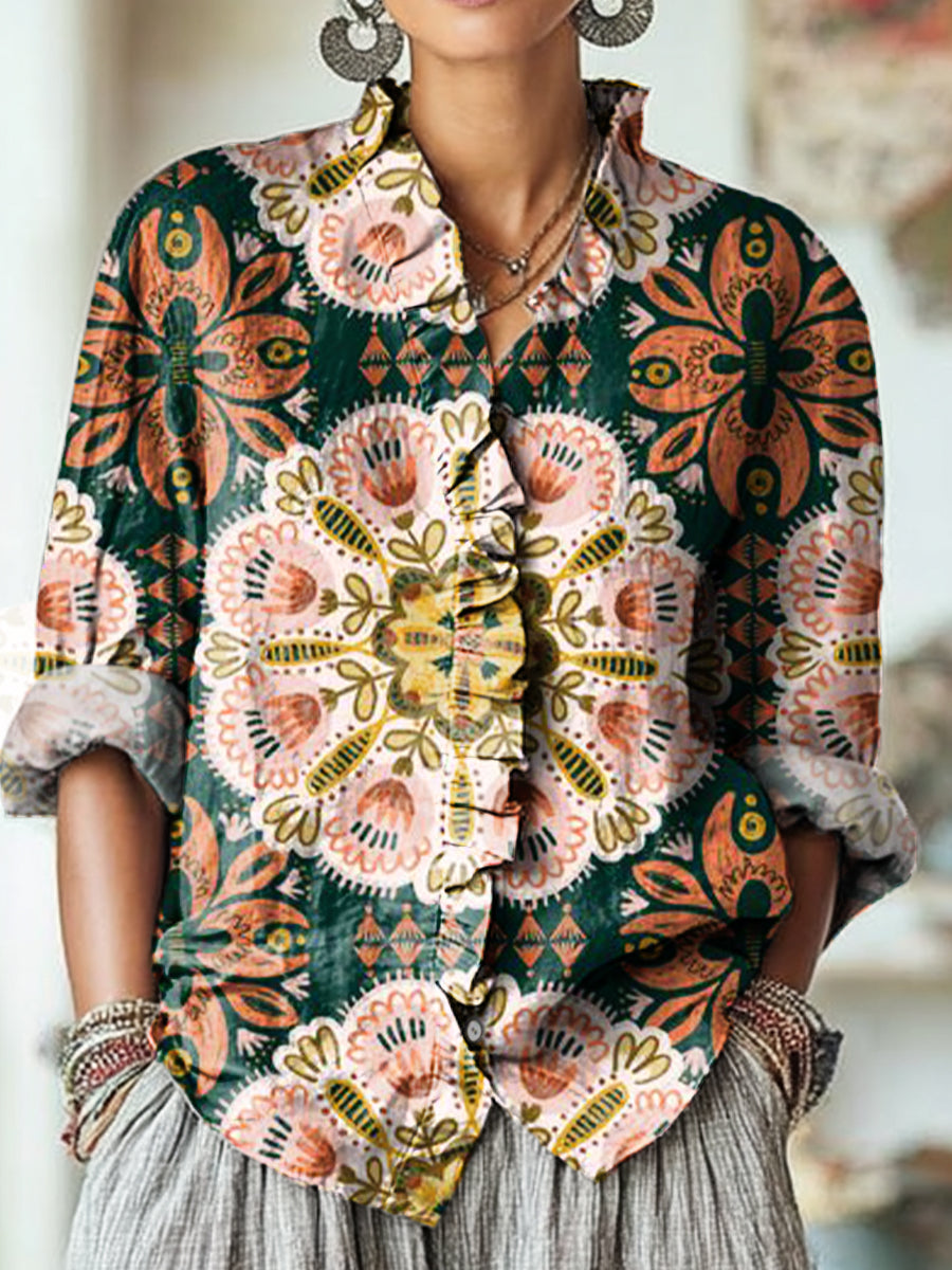 Women's Vintage Ethnic Circular Floral Geometric Painting Art Print Casual Cotton And Linen Ruffle Shirt