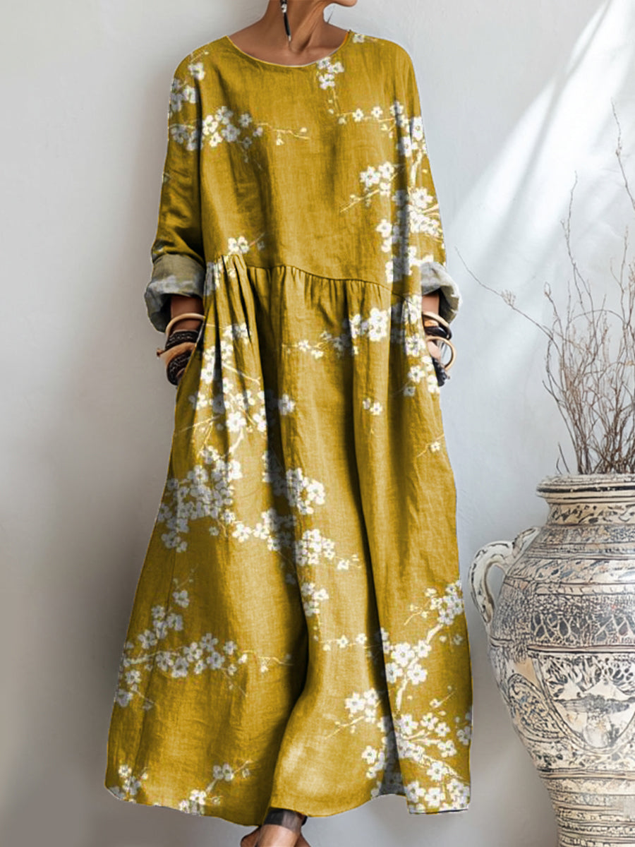 Women's Beautiful Branches And Flowers Painting Art Print Pocket Cotton Dress